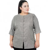 Grey cotton linen blend women's casual top, 3/4 sleeve, round neck for everyday wear